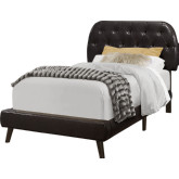 Twin Bed in Tufted Brown Leather-Look on Wood Legs